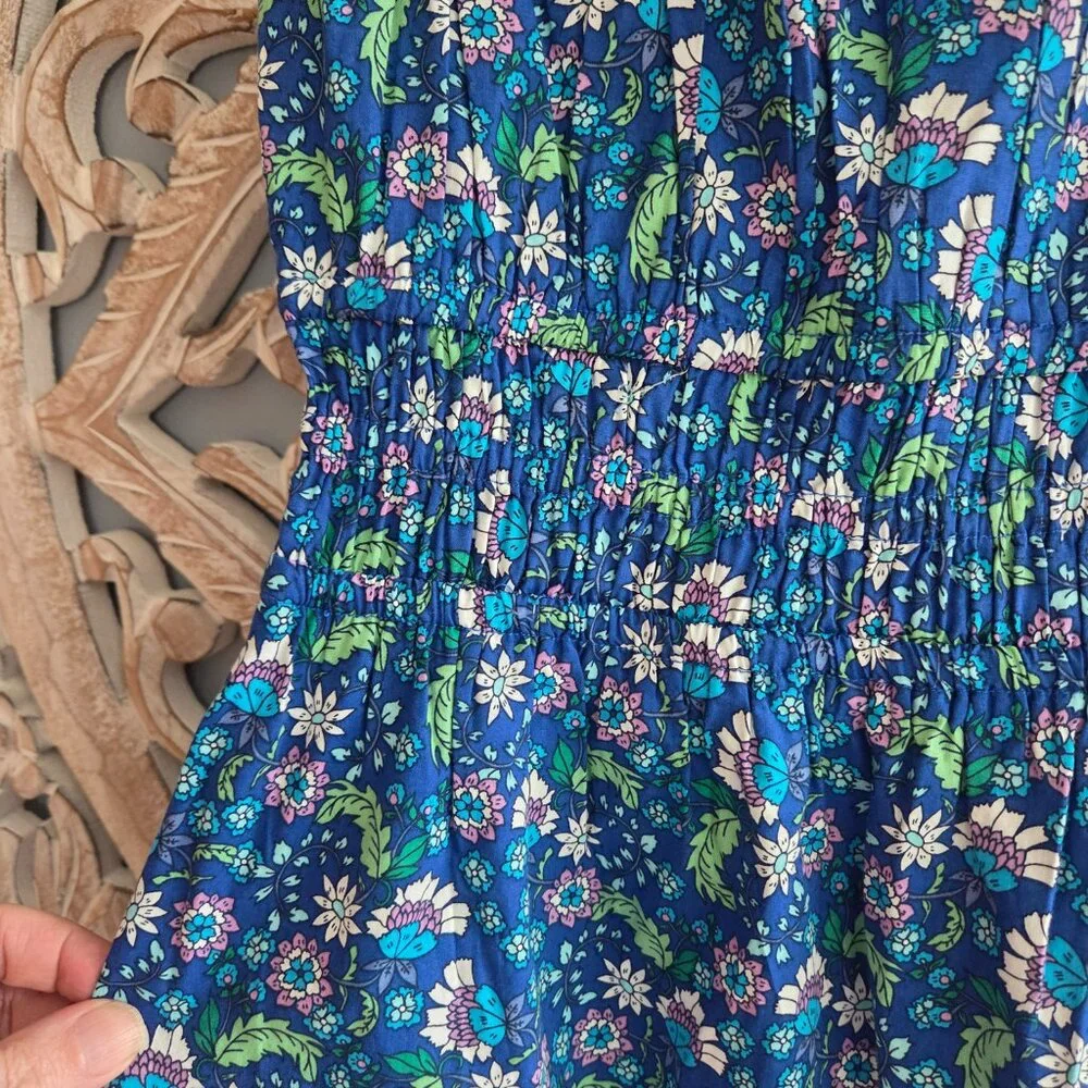 LOFT Blue Floral Shirred Flounce Maxi Dress 100% Cotton Sz XXS - Picture 5 of 9